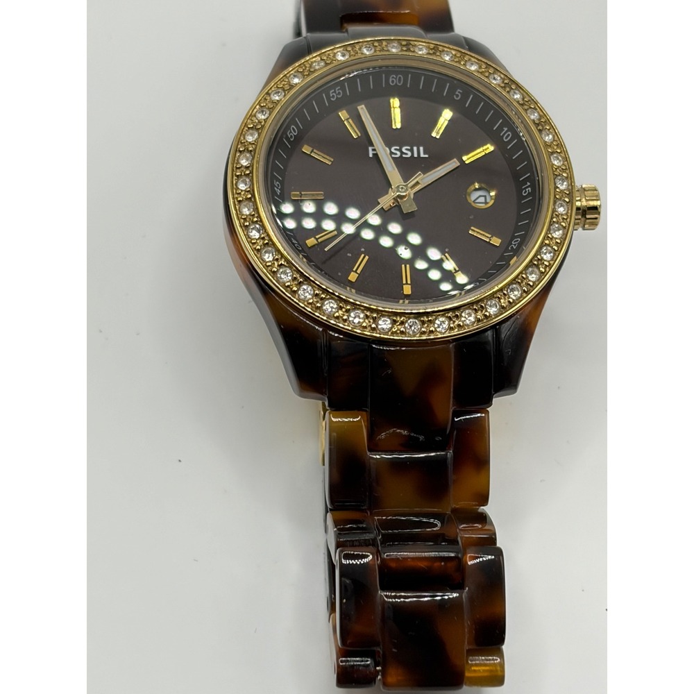 Fossil ES-2922 Women Tortoise Shell Brown Dial Watch Gold Tone Stainless Steel